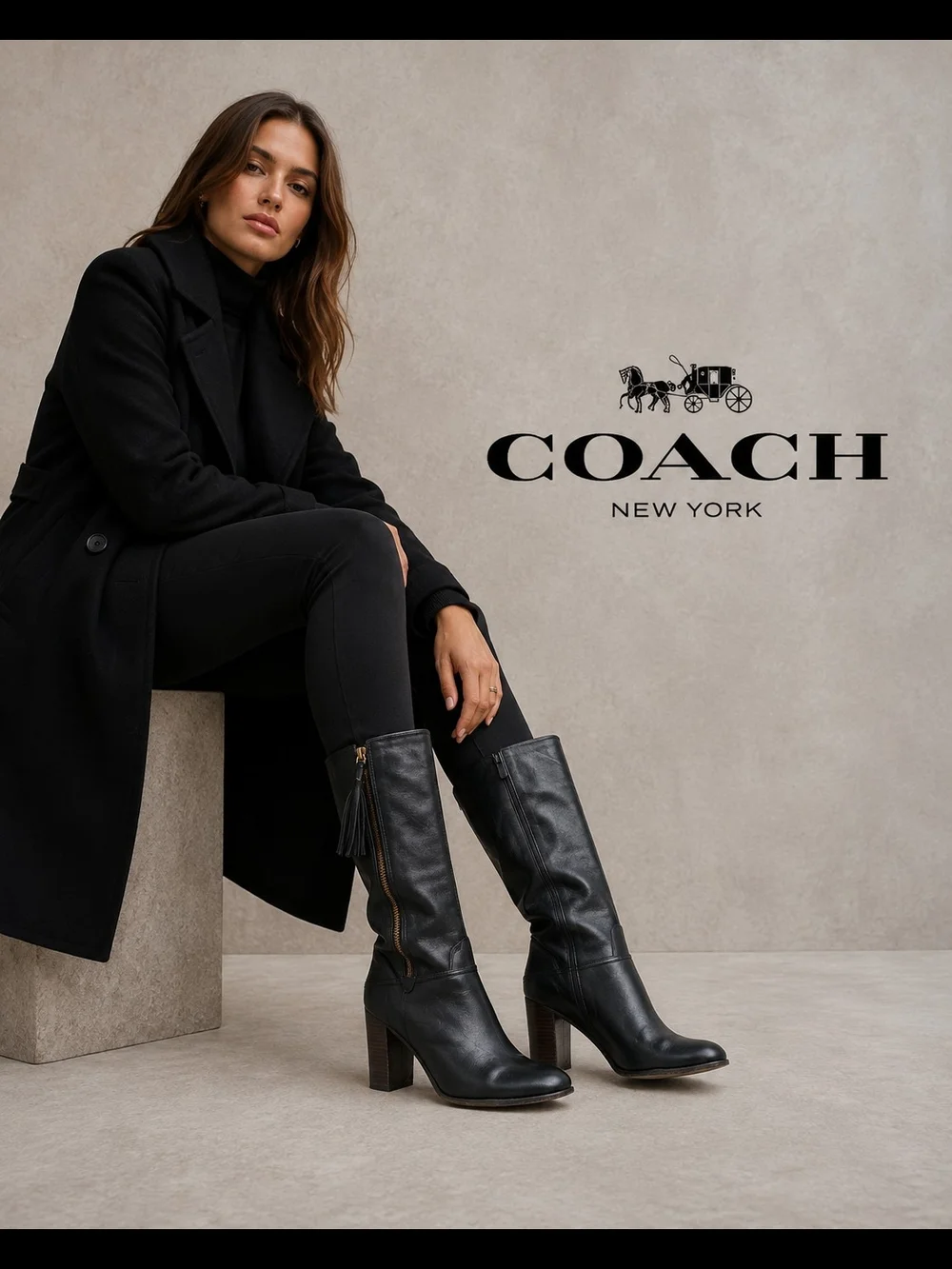 Coach Black Leather Mid-Calf Tassel Zip Boots Size 7.5
